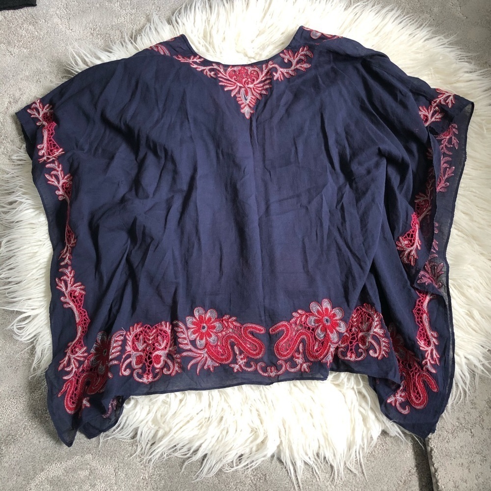 Anthropologie TRYB 212 Sahara Mural Embroidered Blue Cotton V-Neck Top Size S - Picture 4 of 8